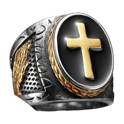 Anillo Sello Cruz de Jerusalén con Esmalte Negro, Acero Inoxidable