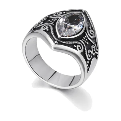 Chevalière en Acier Inoxydable avec Zirconia Taille Marquise et Volutes