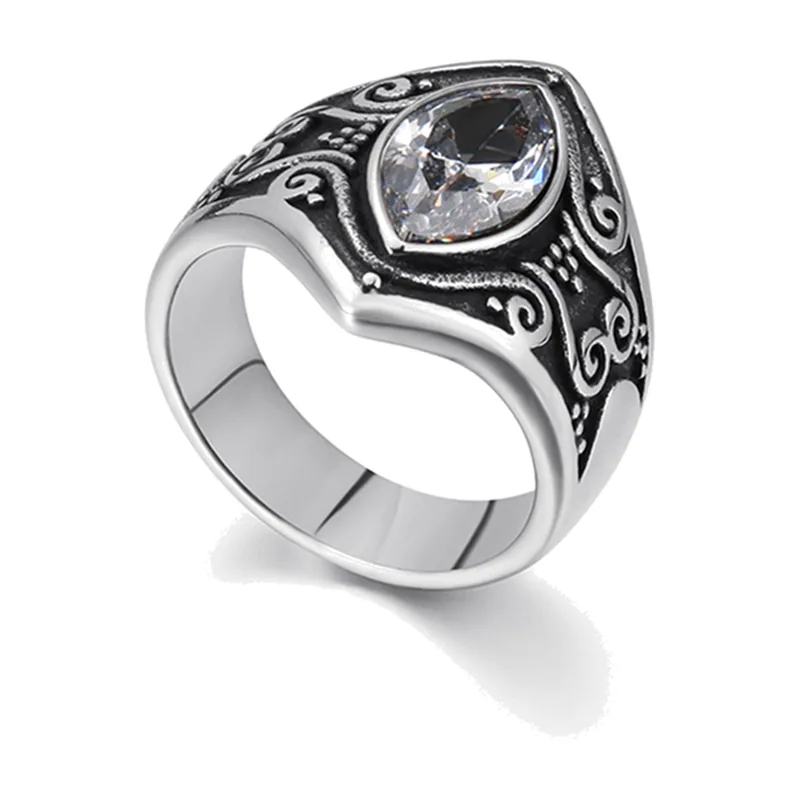 Marquise Cut Cubic Zirconia Signet Ring with Scrollwork, Stainless Steel