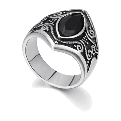 Anillo Sello Vintage con Ónix Negro, Acero Inoxidable