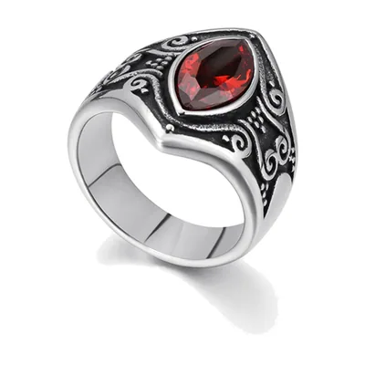 Anillo Sello con Piedra Roja y Volutas, Acero Inoxidable