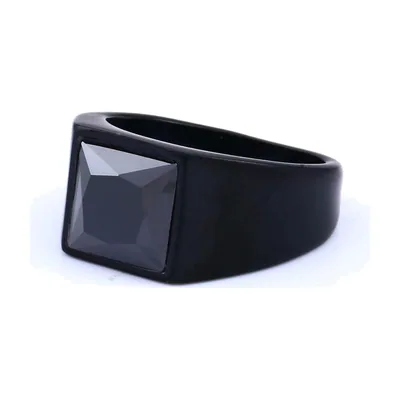 Anillo sello cuadrado con piedra negra, acero inoxidable