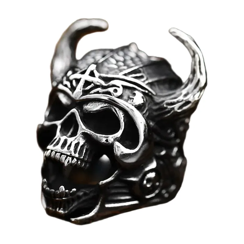 Bague Tête de Mort à Cornes, Acier Inoxydable 316L