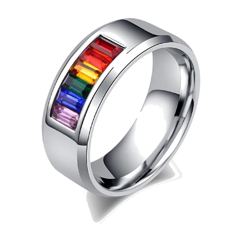 Rainbow Stone Band Ring, Stainless Steel