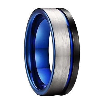 Anillo de Banda Cepillado con Detalle Interior Azul, Acero Inoxidable
