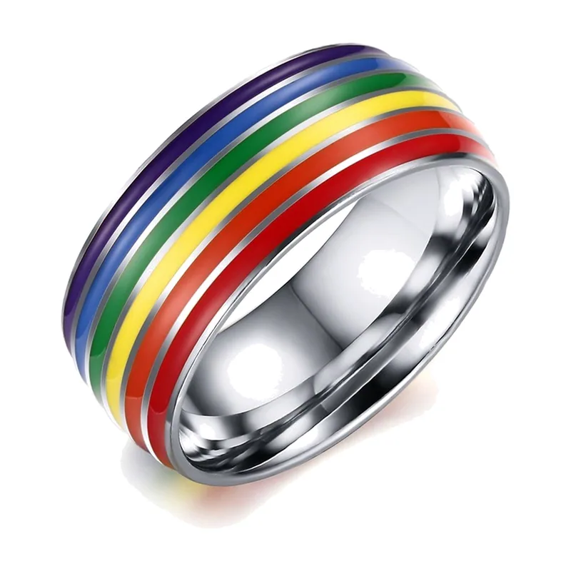 Bague à Rayures Arc-en-ciel, 8mm Bombée, Acier Inoxydable