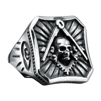 Anillo Sello Masónico con Calavera y Compás, Acero Inoxidable 316L