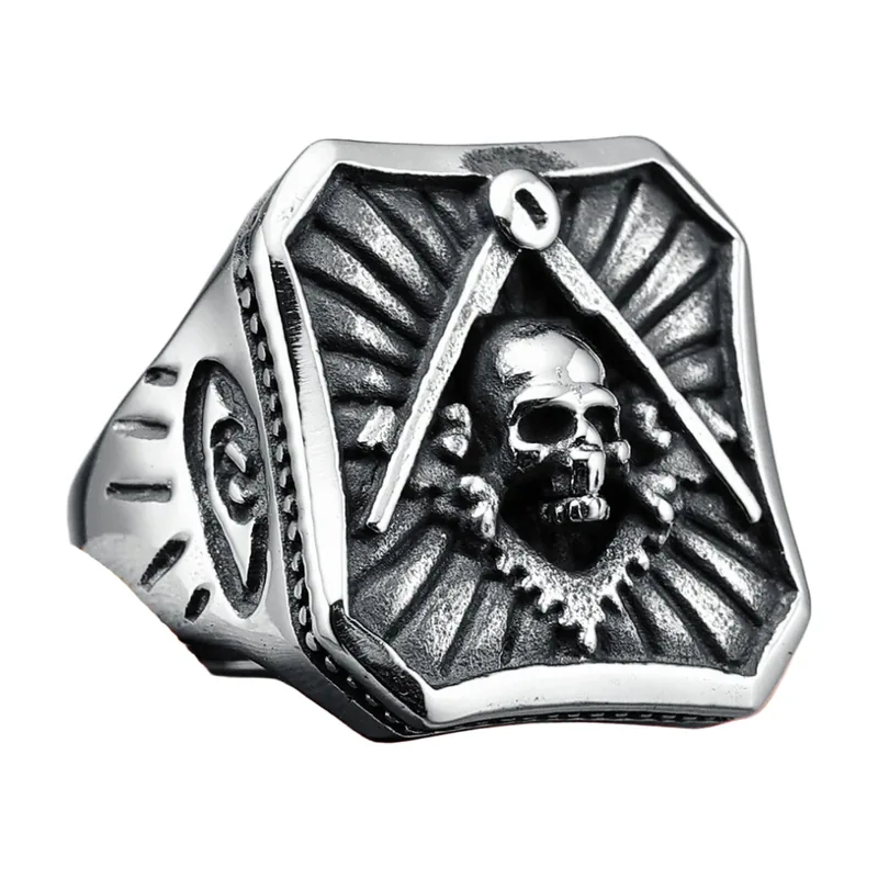 Masonic Skull and Compass Signet Ring, 316L Stainless Steel