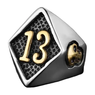 Anillo Sello con Calavera y Número 13, Acero Inoxidable