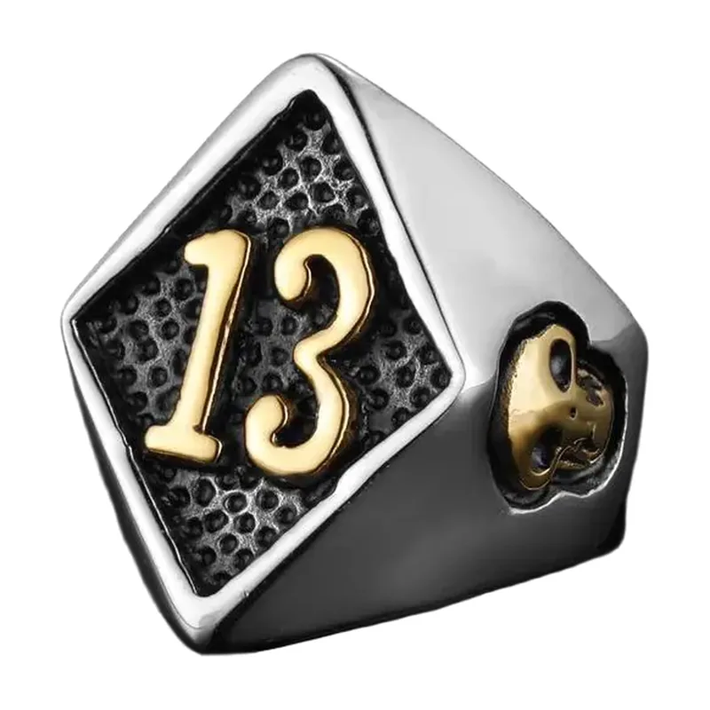 Chevalière avec Crâne et Nombre 13, Acier Inoxydable