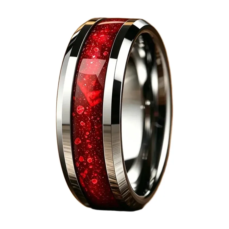 Herren Ring mit rotem Galaxie-Nebula Stein, Edelstahl