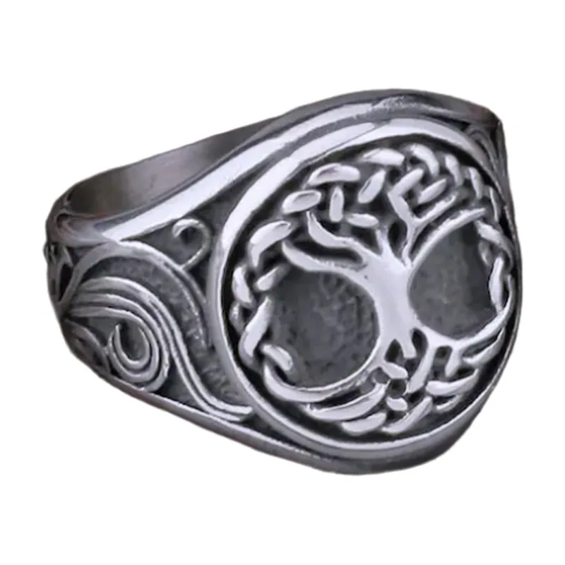 Yggdrasil Lebensbaum Ring mit nordischen Knoten, Edelstahl