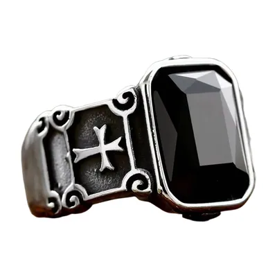 Anello sigillo quadrato con pietra nera e motivo croce, acciaio inossidabile