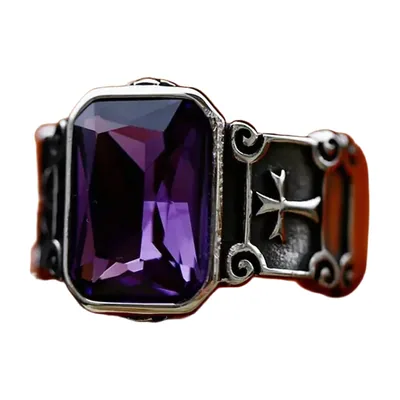 Anillo Sello Gótico con Cruz y Piedra Púrpura, Acero Inoxidable