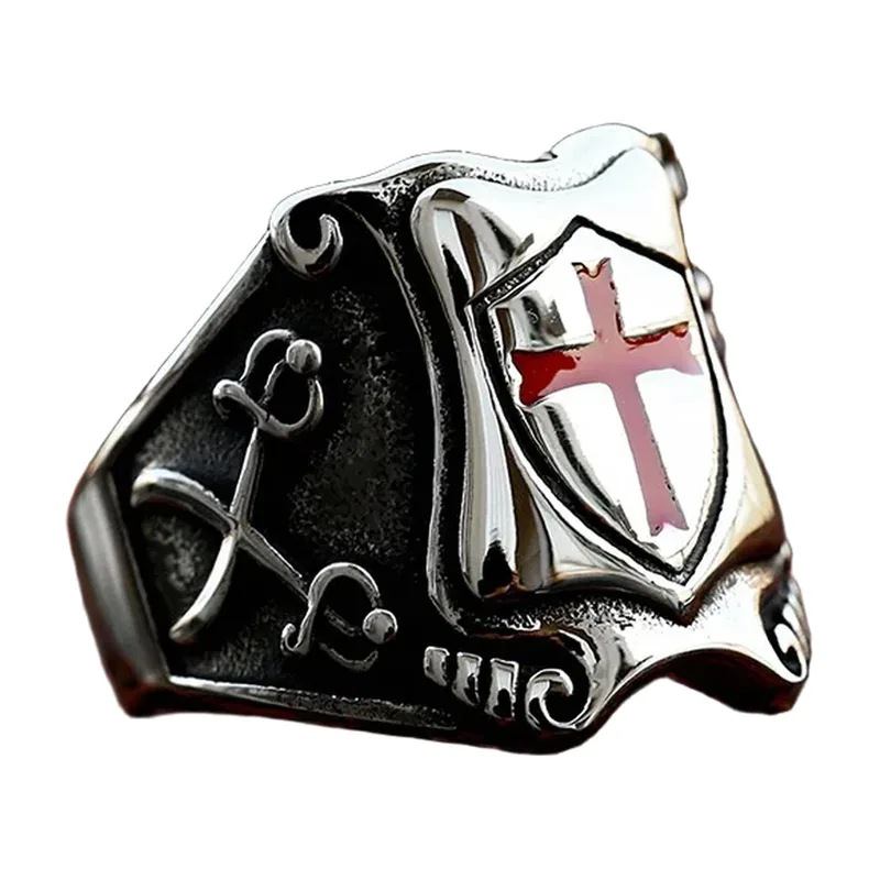 Chevalier Bague Signet avec Croix Templière Rouge, Acier Inoxydable