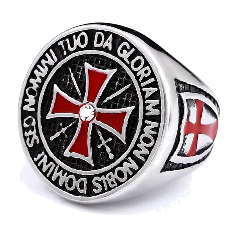 Anello Sigillo da Cavaliere con Croce Rossa e Zirconia, Acciaio Inox