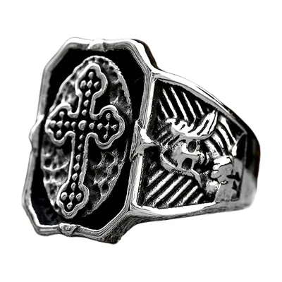 Anello Sigillo Gotico con Croce e Teschio, Acciaio Inossidabile