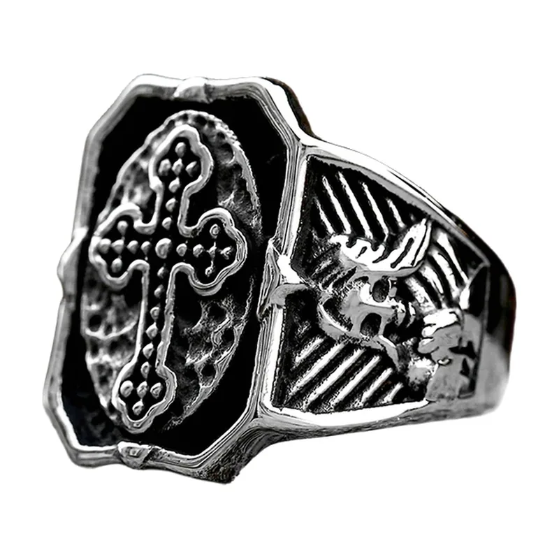 Anello Sigillo Gotico con Croce e Teschio, Acciaio Inossidabile