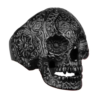 Anillo Gótico de Calavera con Tallas Florales, Acero Inoxidable