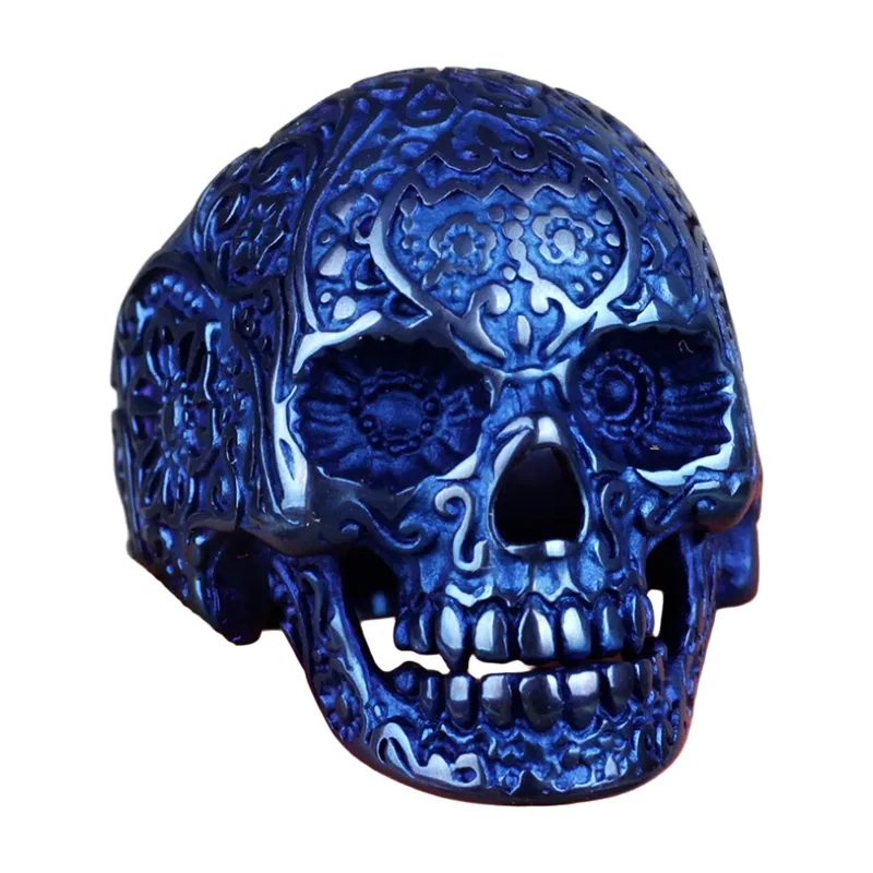 Bague Crâne avec Gravures Florales, Acier Inoxydable 316L