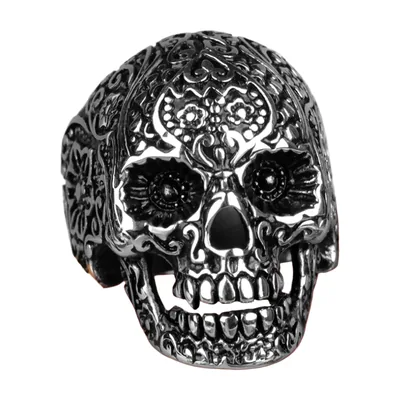 Anillo de Calavera con Grabados Florales, Acero Inoxidable