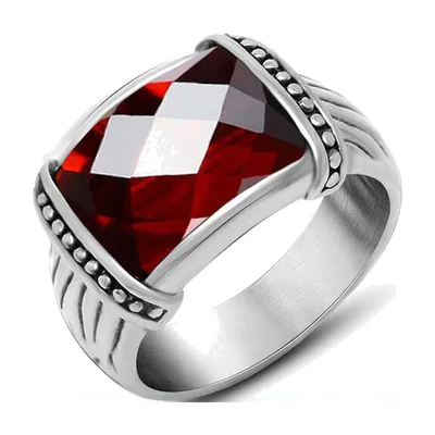 Anello Siginetto Quadrato con Opale Rosso, Acciaio Inossidabile