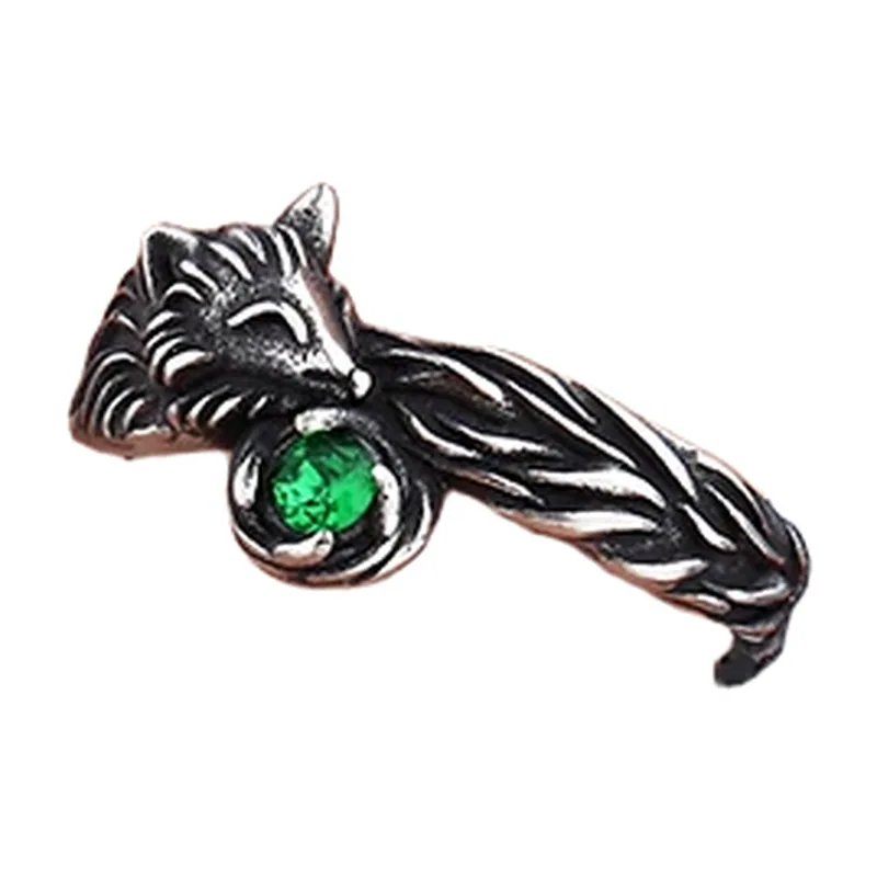 Bague Tête de Renard avec Pierre Verte, Acier Inoxydable