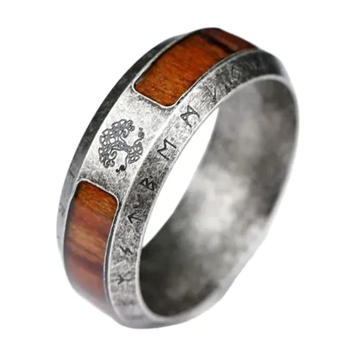 Yggdrasil Lebensbaum Ring mit Holz-Inlay, Edelstahl