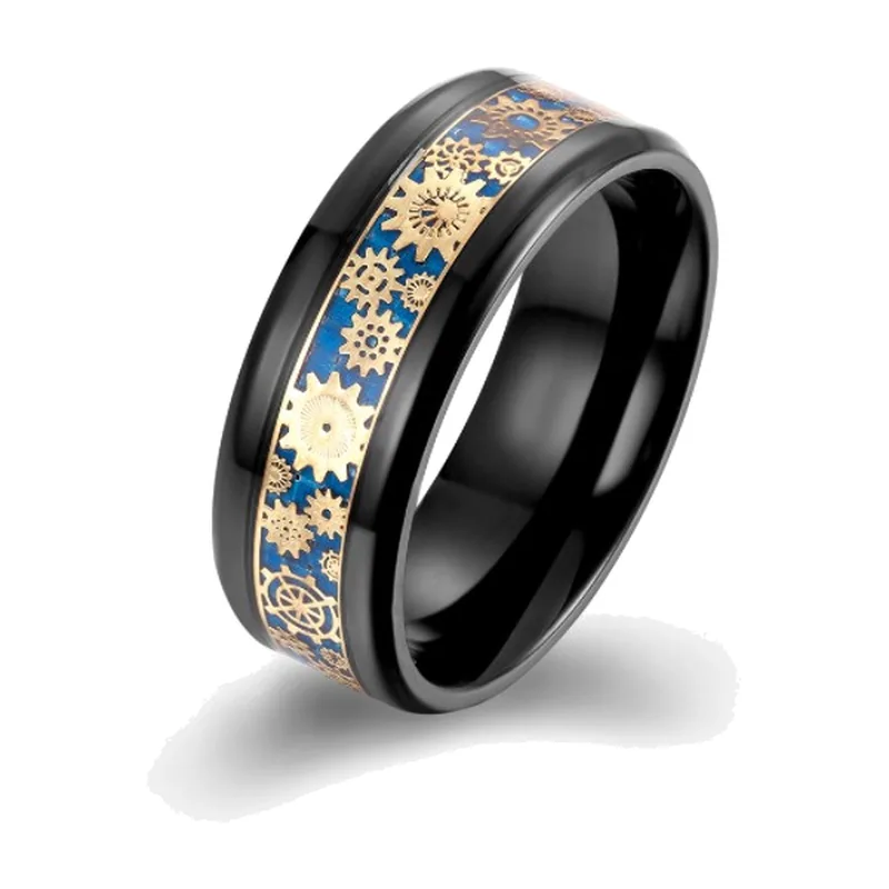 Anello Steampunk con Ingranaggi e Intarsio Blu, Acciaio Inossidabile