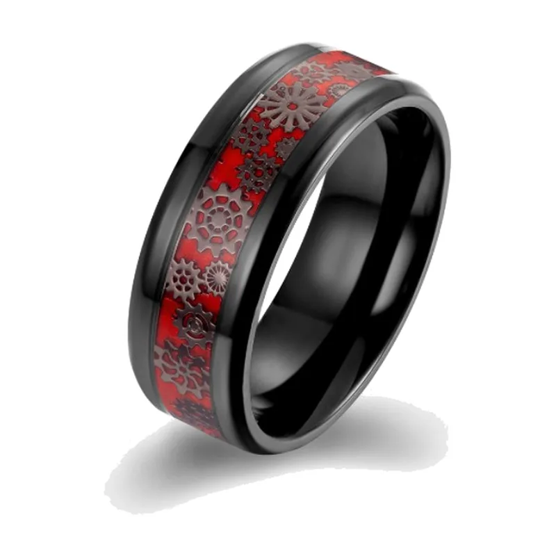 Bague à roue dentée avec incrustation rouge, acier inoxydable