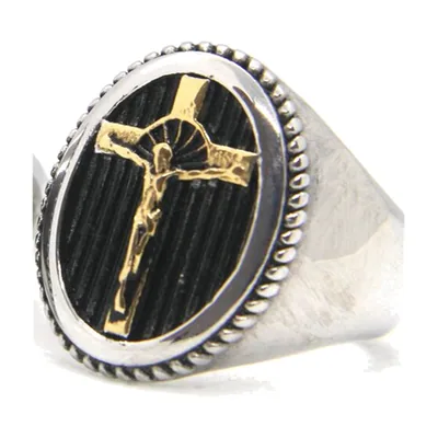 Anello Sigillo Religioso con Croce e Dettagli Oro, Acciaio Inossidabile