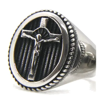 Anello Sigillo con Crocifisso, Acciaio Inossidabile 316L