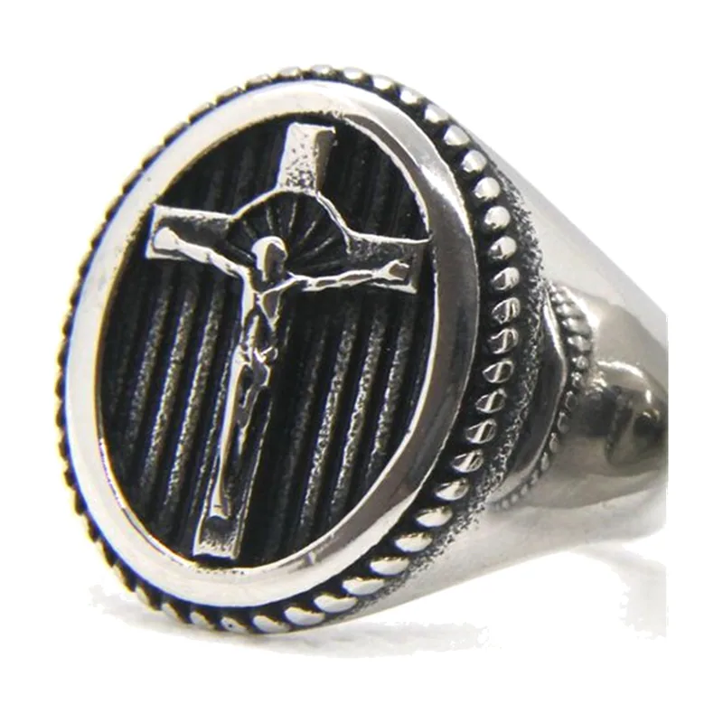 Chevalière avec Croix Crucifix, Acier Inoxydable 316L