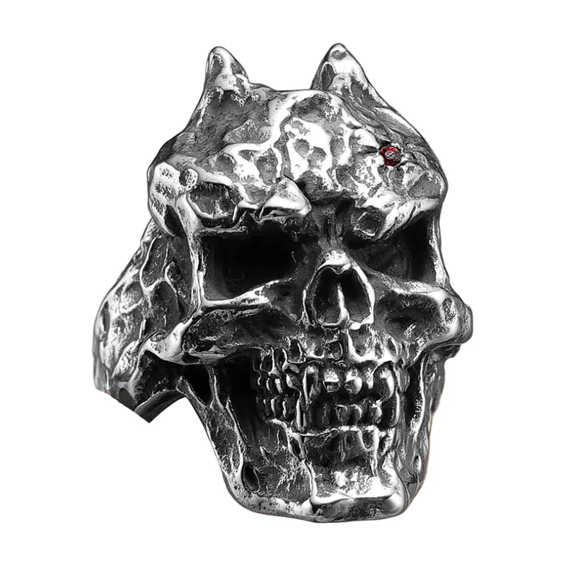 Totenkopf Statement-Ring mit rotem Stein, Edelstahl