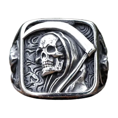Grim Reaper Skull Signet Ring with Scythe, Stainless Steel