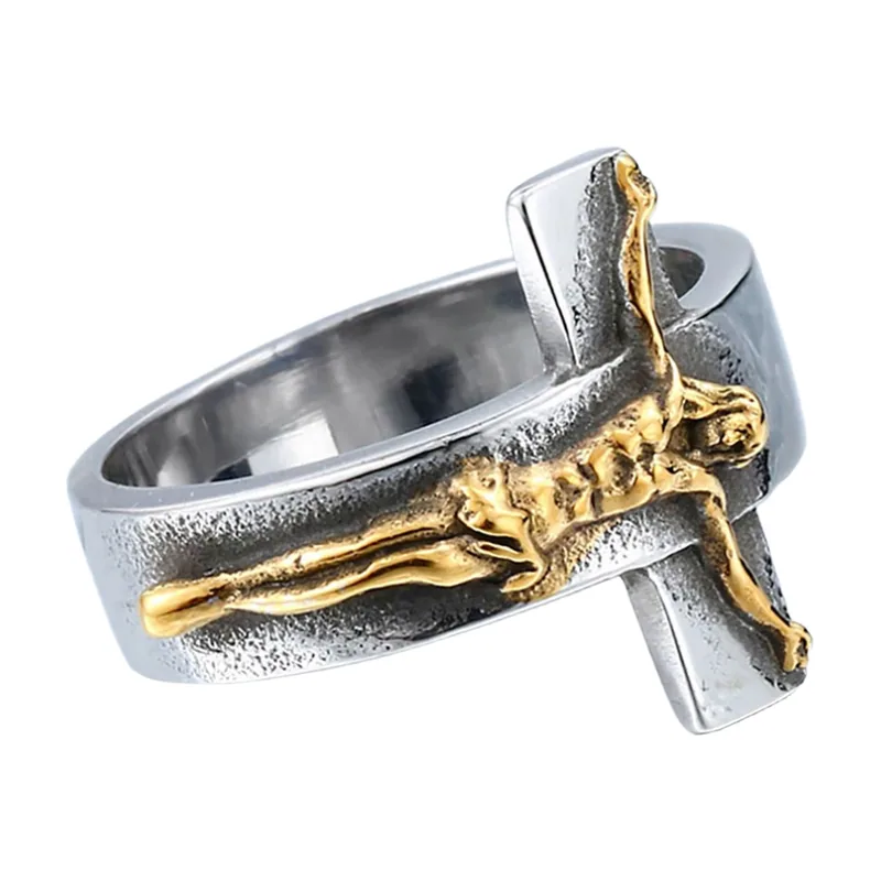 Chevalière Crucifix avec Figure Dorée, Acier Inoxydable