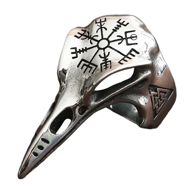 Anillo de Calavera de Cuervo con Vegvisir y Runas, Acero Inoxidable