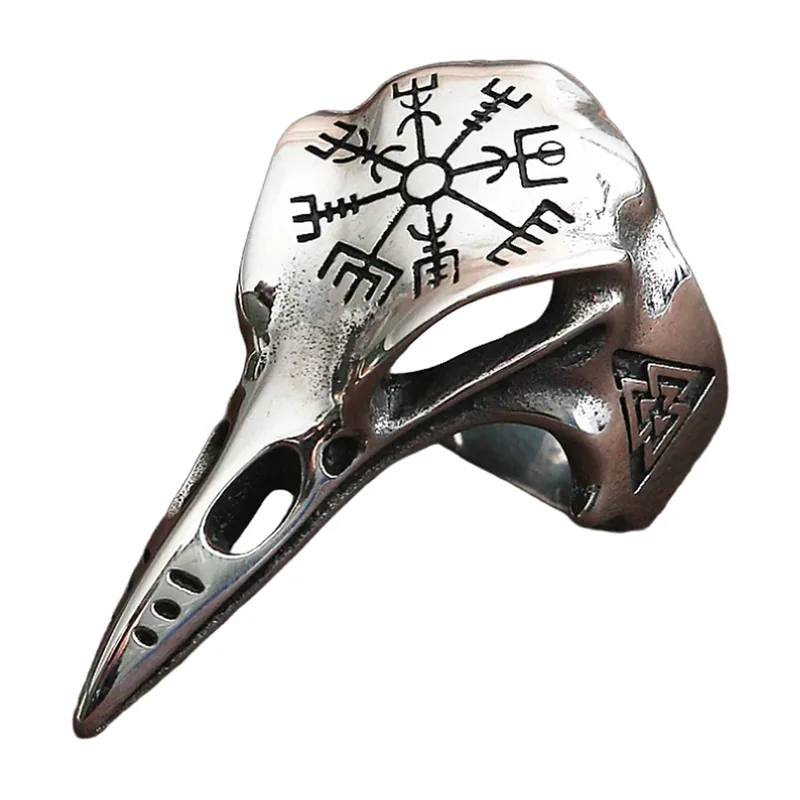 Rabenschädel-Ring mit Vegvisir und Runen, Edelstahl