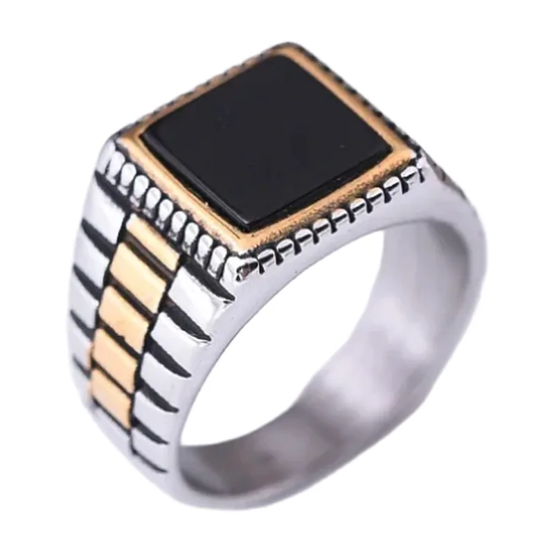 Chevalière Carrée avec Onyx Noir, Acier Inoxydable Bicolore