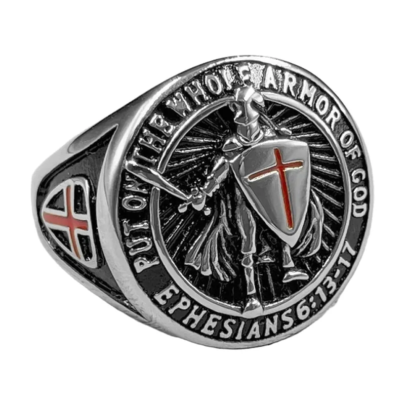 Anello Sigillo Cavaliere Templare con Scudo e Spada, Acciaio Inox