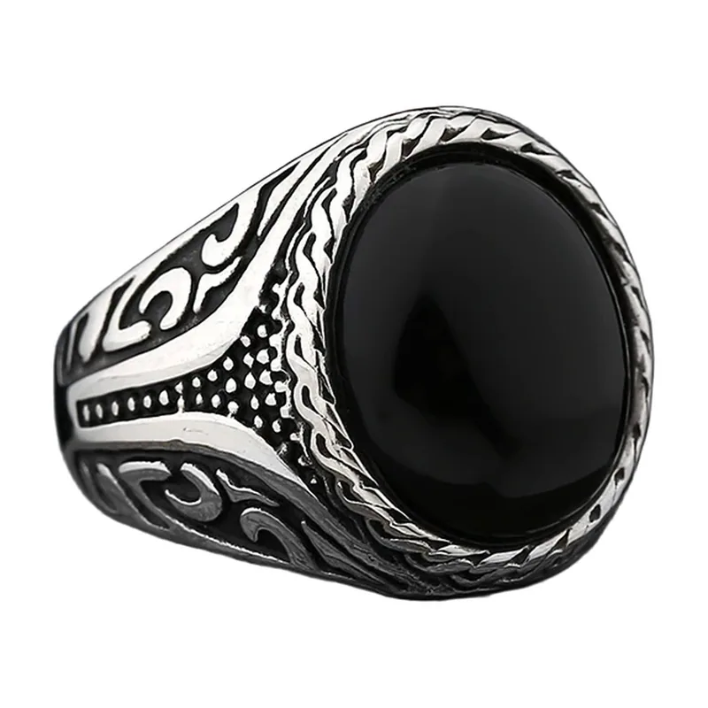 Oval Signet Ring with Black Stone and Scrollwork, Stainless Steel