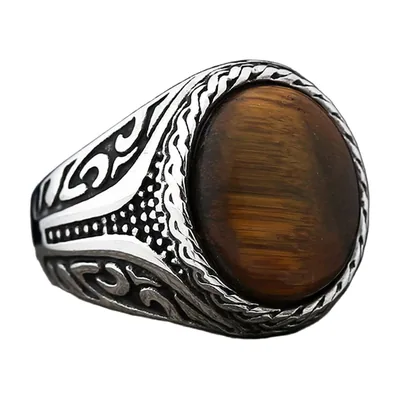 Anello Sigillo con Pietra Marrone e Volute, Acciaio Inossidabile