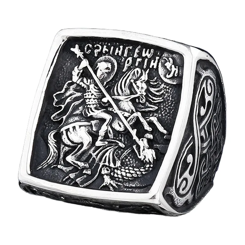 Anello Sigillo Cavaliere e Drago, Acciaio Inossidabile 316L