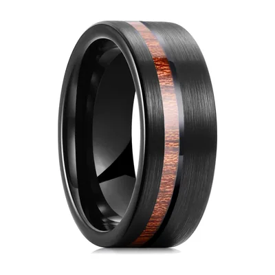 Anillo Abombado con Incrustación de Madera de Koa, Acero Inoxidable