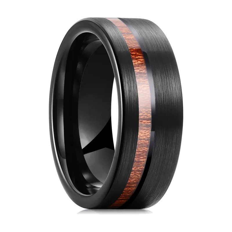 Bague Bombée avec Incrustation en Bois de Koa, Acier Inoxydable