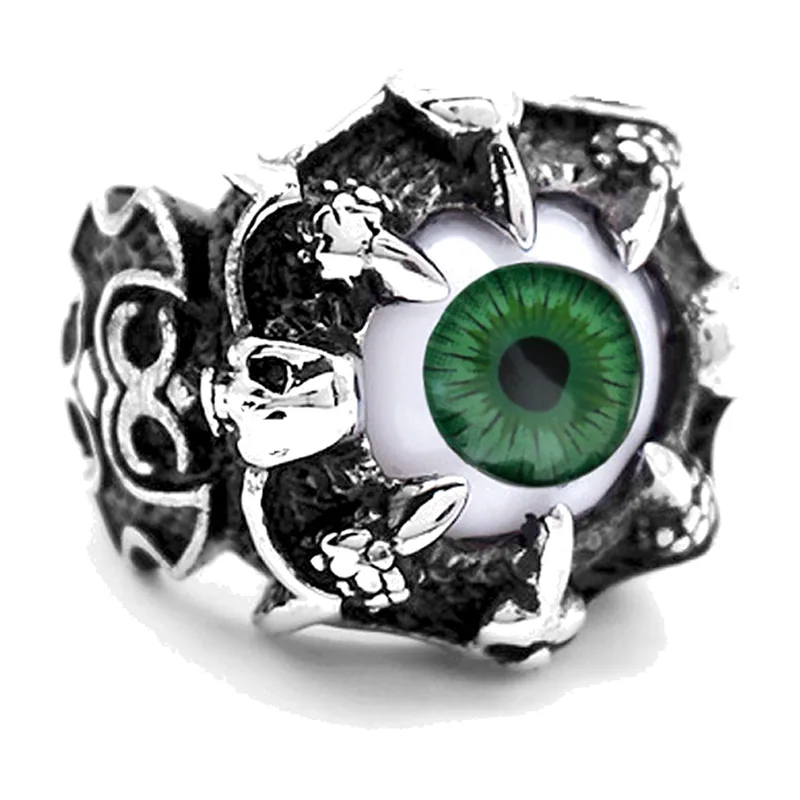 Drachenklaue Ring mit grünem Auge, Edelstahl