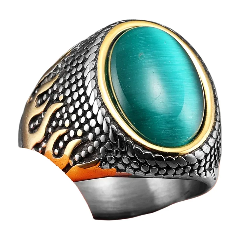 Oval Signet Ring with Green Stone and Flame Motifs, Stainless Steel