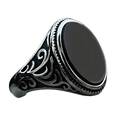 Gotischer Siegelring mit schwarzem Stein und Filigran, Edelstahl