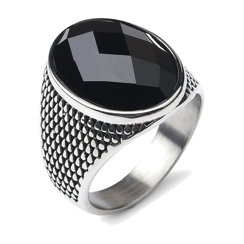Chevalière Bergame avec Onyx Noir, Acier Inoxydable