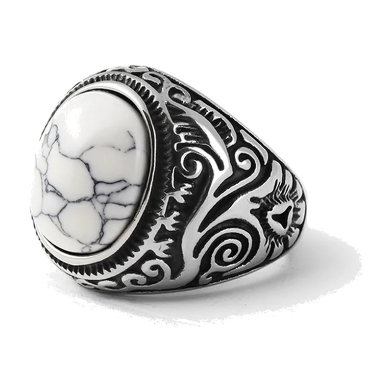 Anello Siginetto con Pietra Bianca e Incisioni a Volute, Acciaio Inossidabile